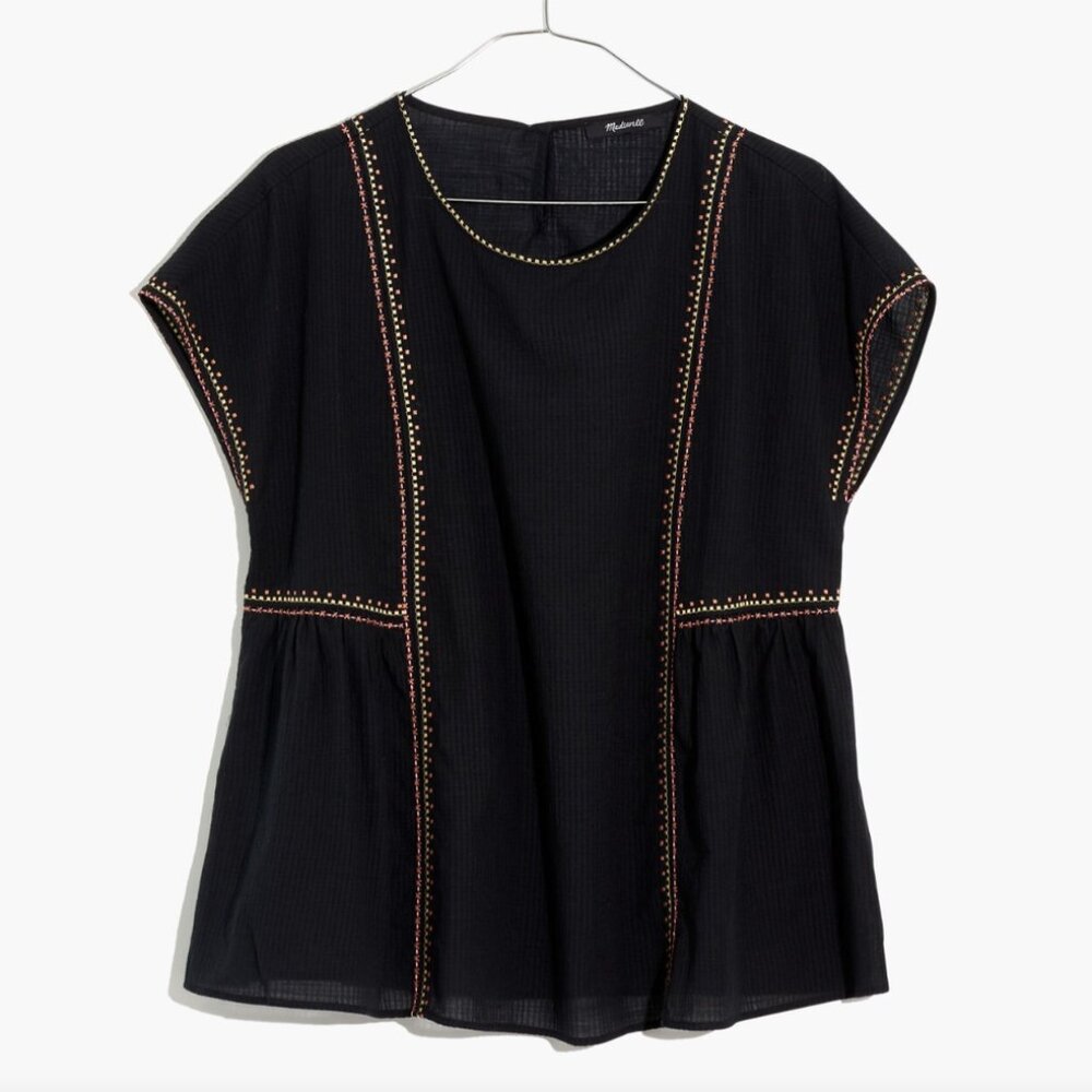 Madewell Embroidered Crewneck Smock-Style Top, Black, Size S, EXC Condition